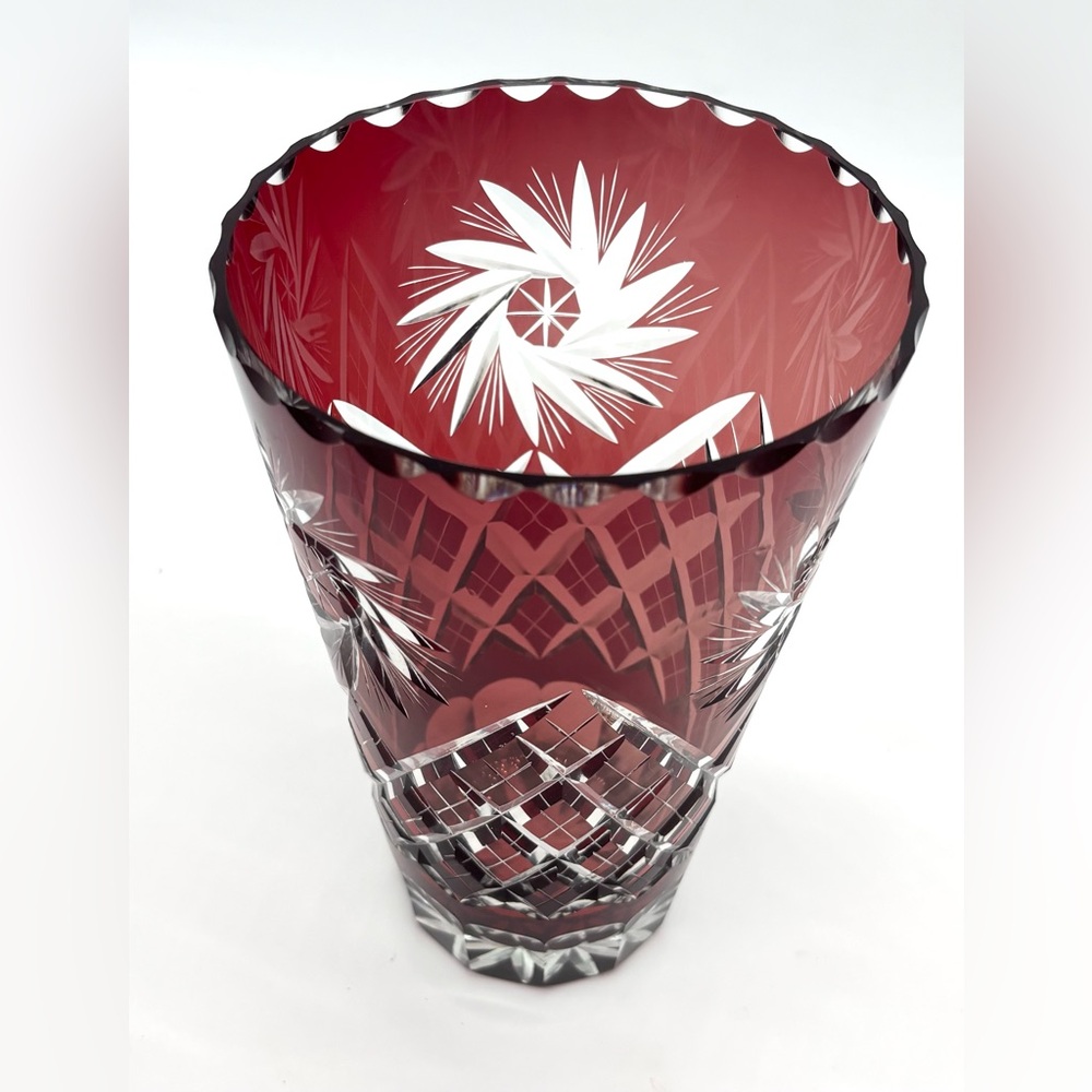 Cranberry Red Bohemian Cut to Clear Large Crystal Vase